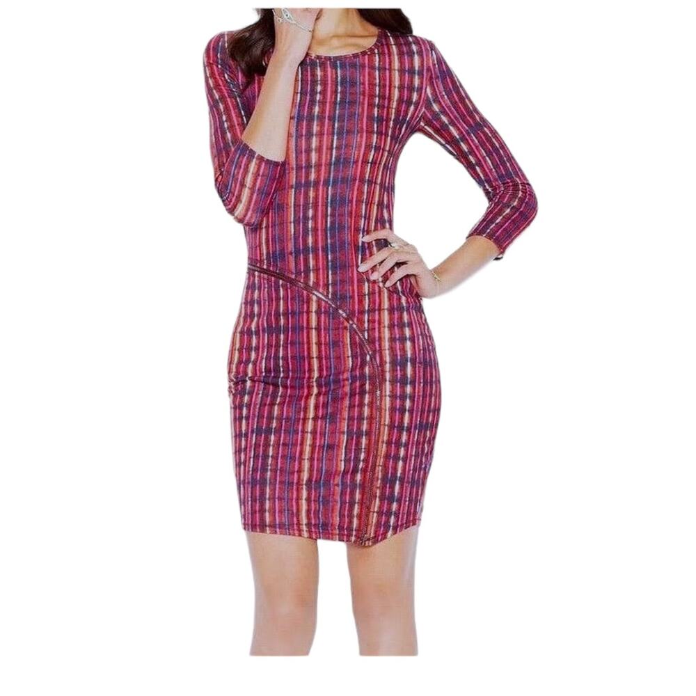 Rachel‎ Roy Dress Women's Size M Multi-Color Front Zipper 3/4 Sleeve Bodycon